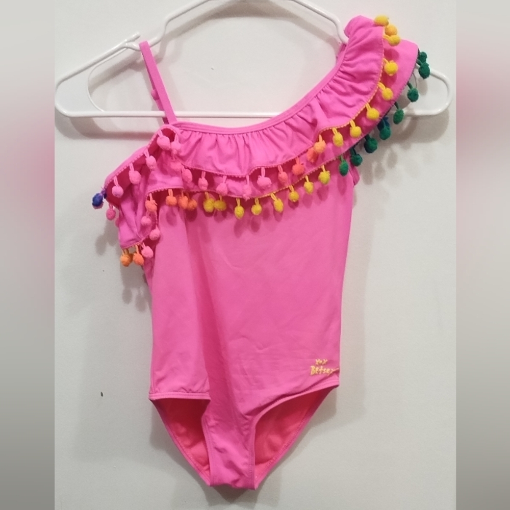 Betsey Johnson Girls Pink One-Shoulder Pom Pom Swimsuit